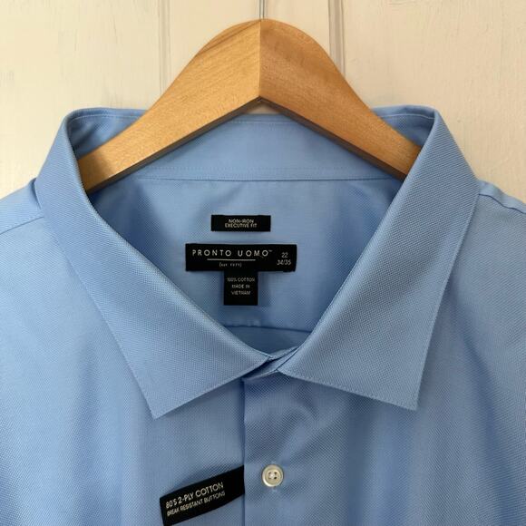 Pronto Uomo Executive Fit Dress Shirt Mens 22 34/35 Non Iron Button‎ Up Blue - Picture 6 of 8